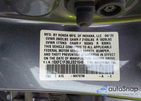 2020 Honda Civic Ex из США, поврежденный, VIN 19XFC1F36LE021648